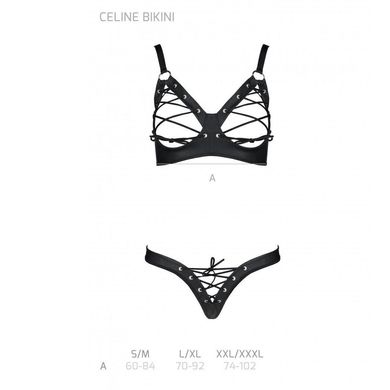 Комплект из экокожи Celine Bikini black L/XL — Passion: открытый бра с лентами, стринги со шнуровкой