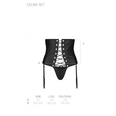 Пояс-корсет из экокожи Celine Set black L/XL — Passion: шнуровка, съемные пажи для чулок, стринги