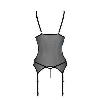Корсет с подвязками и ажурным лифом Christa Corset black L/XL — Passion, стринги в комплекте
