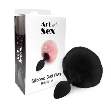 Силіконова анальна пробка М Art of Sex - Silicone Bunny Tails Butt plug Black, діаметр 3,5 см