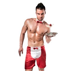 Розпродаж!!! Чоловічий еротичний костюм офіціанта Passion 019 SHORT red L/XL, шорти і метелик