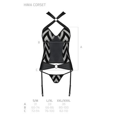 Сітчастий комплект із візерунком Hima Corset black L/XL - Passion, корсет з халтером, підв'язки, тру