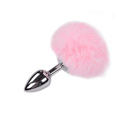 Металлическая анальная пробка Кроличий хвостик Alive Fluffy Plug S Pink, диаметр 2,8 см