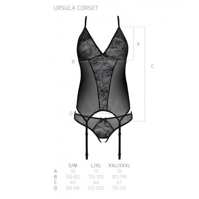 Корсет с пажами, трусики с ажурным декором и открытым шагом Ursula Corset black L/XL — Passion