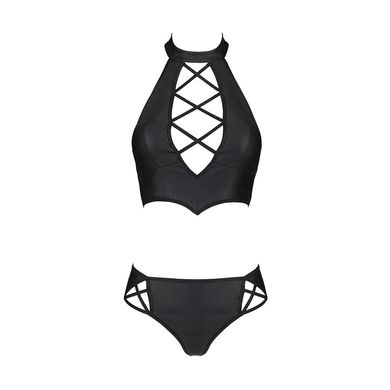 Комплект з еко-шкіри Nancy Bikini black XXL/XXXL - Passion, бра та трусики з імітацією шнурівки
