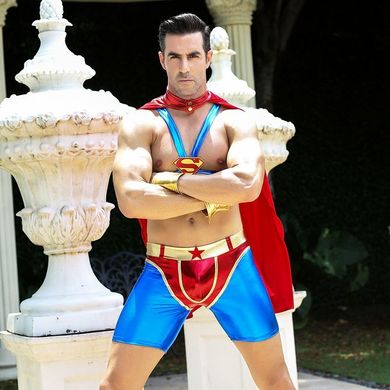 Мужской эротический костюм супермена "Готовый на всё Стив" S/M: плащ, портупея, шорты, манжеты
