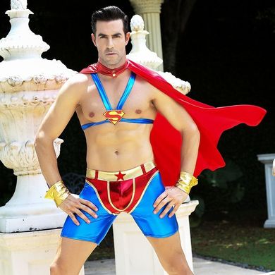 Чоловічий еротичний костюм супермена "Готовий на все Стів" One Size: плащ, портупея, шорти, манжети