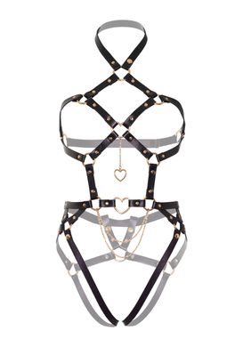 Портупея-тедди из экокожи Leg Avenue Heart ring harness teddy M Black, подвеска-сердечко, цепи