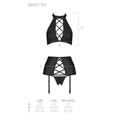 Комплект из эко-кожи с имитацией шнуровки Nancy Set black S/M - Passion топ, трусики и пояс для чуло