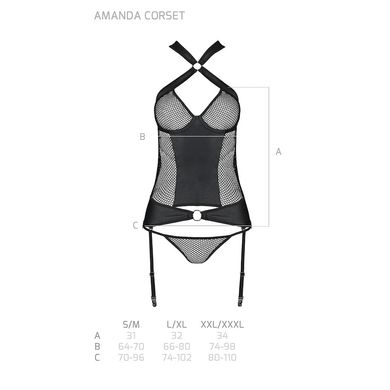 Сітчастий комплект корсет з халтером, зйомні підв'язки та трусики Amanda Corset black L/XL - Passion