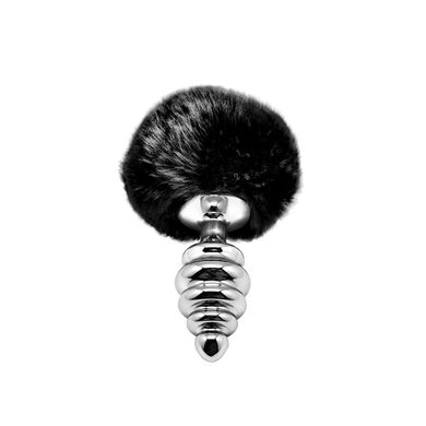 Металлическая анальная пробка Кроличий хвостик Alive Fluffy Twist Plug M Black, диаметр 3,4 см