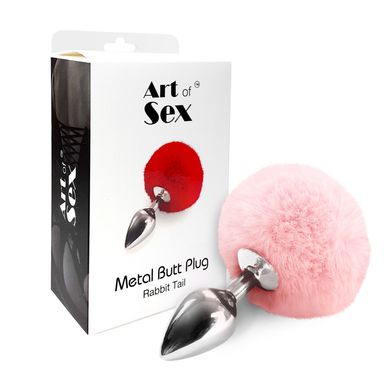 Металевий анальний затор М Art of Sex - Metal Butt plug Rabbit Tail, Ніжно-рожевий